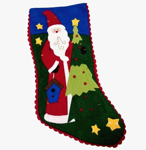 Holiday Stocking 18" Green Felt Patchwork Santa Claus Christmas Tree Whimsical